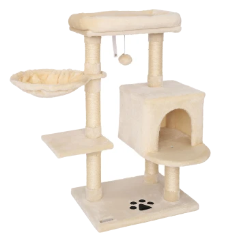 Cremefarbener Katzenbaum mit mehreren Ebenen, einer gemütlichen Hängematte, Kratzpfosten und einem versteckten Fach.