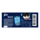 Étiquette de nourriture pour chat Purina Felix avec un chat noir et blanc mangeant de la nourriture humide, instructions d'alimentation et informations nutritionnelles.