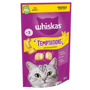 Whiskas Temptations cat treats packaging featuring a gray cat, with text highlighting "with Chicken & Cheese," "<2 KCAL," and "60 g."