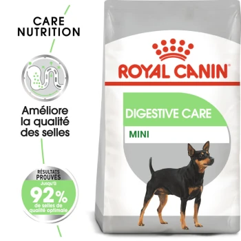 Sac de nourriture pour chien Royal Canin Digestive Care Mini avec un chien noir et feu, avec un texte mettant en avant l'amélioration de la qualité des selles et des résultats prouvés.