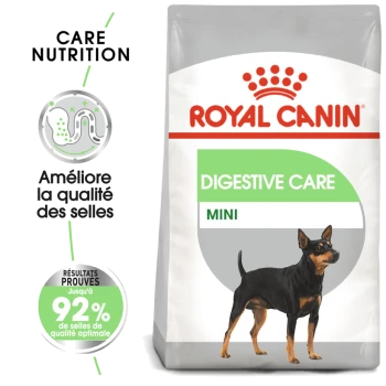 Sac de nourriture pour chien Royal Canin Digestive Care Mini avec un chien noir et feu, avec un texte mettant en avant l'amélioration de la qualité des selles et des résultats prouvés.