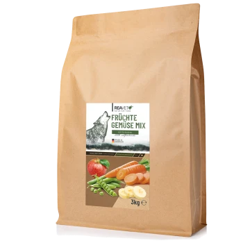 Braune Papiertüte mit dem Aufdruck "REAVET Früchtemix" und einem Wolfssilhouette, mit Bildern von Früchten und Gemüse, 3kg Größe, hergestellt in Deutschland.