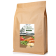 Braune Papiertüte mit dem Aufdruck "REAVET Früchtemix" und einem Wolfssilhouette, mit Bildern von Früchten und Gemüse, 3kg Größe, hergestellt in Deutschland.