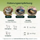 Grafik „Fütterungsempfehlung“ mit Symbolen: Öffnen, Vermengen, Vermischen; Kleinpferd/Pony 1 Messlöffel (ca. 25 g), Großpferd 2 Messlöffel (ca. 50 g)