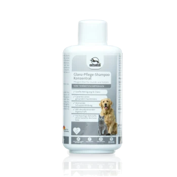 Flasche "Glanz-Pflege-Shampoo" für Hunde und Katzen, mit einem Golden Retriever und einer Katze, die sanfte Reinigung und glänzende Fellvorteile hervorhebt.