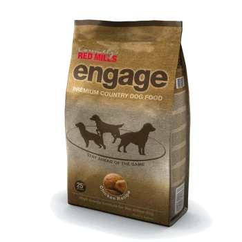 Bag of Connolly's Red Mills Engage Premium Country Dog Food featuring a chicken recipe, with silhouettes of dogs and nutritional claims.