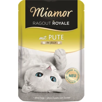 Miamor Ragout Royale kattenvoer zakje met een speelse witte kat met blauwe ogen, gelabeld 'mit PUTE in Jelly' en 'NEU.'
