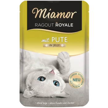 Miamor Ragout Royale Katzenfutterbeutel mit einer verspielten weißen Katze mit blauen Augen, beschriftet mit 'mit PUTE in Jelly' und 'NEU.'