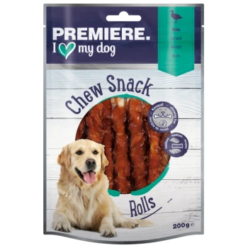 Kau-Snackrollen für Hunde, mit einem Golden Retriever auf der Verpackung, mit sichtbarem Text "PREMIERE. I ❤️ my dog" und "200g".