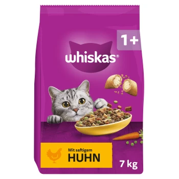 Violette Whiskas-Tüte mit Katzenmotiv, Futternapf, Aufschrift „1+“, Label „Mit saftigem Huhn“ und Angabe „7 kg“.