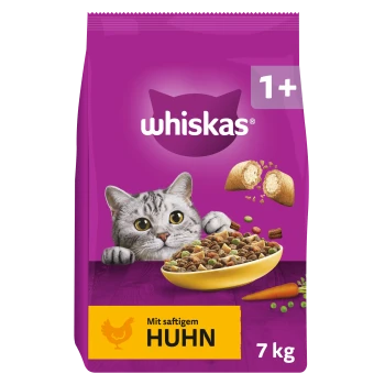 Violette Whiskas-Tüte mit Katzenmotiv, Futternapf, Aufschrift „1+“, Label „Mit saftigem Huhn“ und Angabe „7 kg“.