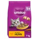 Violette Whiskas-Tüte mit Katzenmotiv, Futternapf, Aufschrift „1+“, Label „Mit saftigem Huhn“ und Angabe „7 kg“.