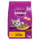 Violette Whiskas-Tüte mit Katzenmotiv, Futternapf, Aufschrift „1+“, Label „Mit saftigem Huhn“ und Angabe „7 kg“.