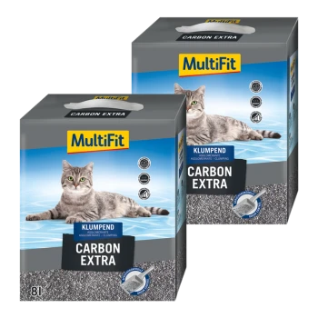Dwie paczki żwirku dla kotów MultiFit Carbon Extra, z szarym kotem wylegującym się na niebieskim tle, oznaczone 'KLUMPEND' i 'CARBON EXTRA.'