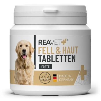 Behälter mit REAVET® Fell & Haut Tabletten Forte für Haustiere, mit einem Hundebild und dem Etikett "Made in Germany."