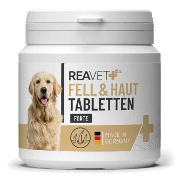 Behälter mit REAVET® Fell & Haut Tabletten Forte für Haustiere, mit einem Hundebild und dem Etikett "Made in Germany."