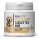 Behälter mit REAVET® Fell & Haut Tabletten Forte für Haustiere, mit einem Hundebild und dem Etikett "Made in Germany."