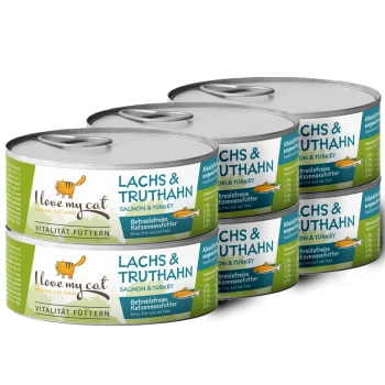 Dosen mit "Ich liebe meine Katze" natürlichem Katzenfutter mit Lachs und Truthahn, gekennzeichnet als getreidefreies Nassfutter für Katzen.