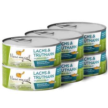 Dosen mit "Ich liebe meine Katze" natürlichem Katzenfutter mit Lachs und Truthahn, gekennzeichnet als getreidefreies Nassfutter für Katzen.