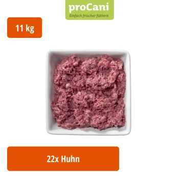 Verpacktes rohes Hundefutter von proCani, gekennzeichnet mit "Hühnerfleisch pur", mit einem Hinweis auf 22 Portionen.