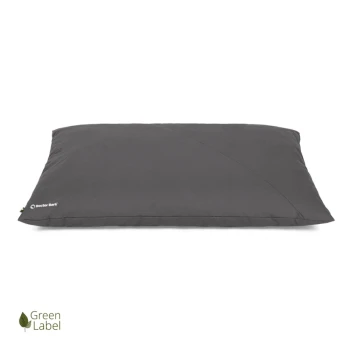 Ein dunkelgraues Haustierbett mit einem schlanken Design, mit dem "Doctor Bark"-Logo an der Seite und einem "Green Label"-Emblem in der Ecke.