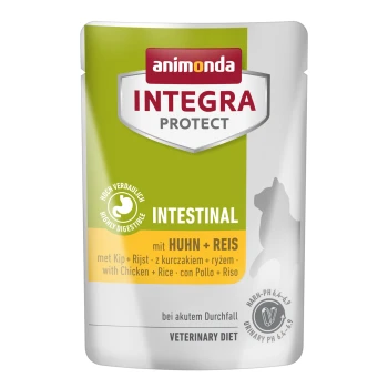 Beutel mit Animonda Integra Protect Intestinal Hundefutter, mit Huhn und Reis, gekennzeichnet mit "Hochverdaulich" und "Veterinärdiät."