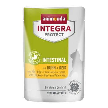 Beutel mit Animonda Integra Protect Intestinal Hundefutter, mit Huhn und Reis, gekennzeichnet mit "Hochverdaulich" und "Veterinärdiät."