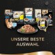 Bild von verschiedenen Sheba-Katzenfutterprodukten einschließlich Suppen, Filets und Auswahl, mit einem Teller gewürfeltem Fleisch und dem Text "UNSERE BESTE AUSWAHL."