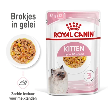 Royal Canin kittenvoeding zakje, 85g x 12, met zachte brokjes in jelly, geschikt voor kittens tot 12 maanden.