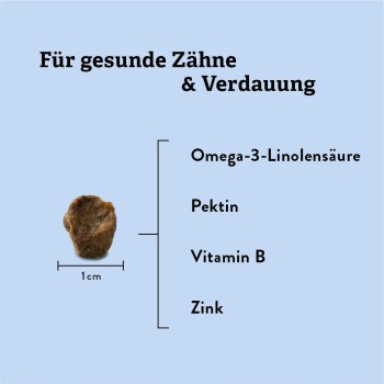 Haustierleckerei für gesunde Zähne und Verdauung, mit einem 1 cm großen Stück und aufgeführten Zutaten: Omega-3-Linolensäure, Pektin, Vitamin B, Zink.
