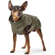 Ein kleiner, brauner und schwarzer Hund, der eine gemütliche olivgrüne Fleecejacke trägt, steht selbstbewusst mit aufgerichteten Ohren.