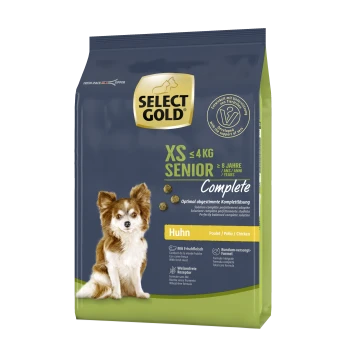 Select Gold XS Senior Hundefuttertüte, 4kg, für Hunde über 8 Jahre, mit einem kleinen Hund auf der Vorderseite, beschriftet mit "Huhn".