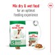 Royal Canin mini dog food packaging featuring dry food for adults and wet food for aging dogs, with a message about mixing for optimal feeding.