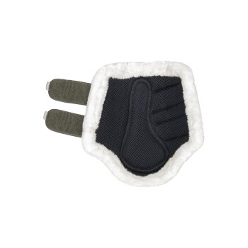 Schwarze Tierpflegehandschuh mit weichem weißen Fellrand und verstellbaren Riemen, entworfen zum Entfernen von losem Fell und Schmutz.