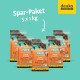 Hundfutterverpackung mit fünf 1-kg-Tüten von "Fiete Huhn & Lamm" auf einem türkisfarbenen Hintergrund mit dem Text "Spar-Paket."