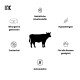 Kuh-Silhouette mit Icons und deutschen Beschriftungen: Natürliche Inhaltsstoffe / Hypoallergen / Getreidefrei / Zuckerfrei.
