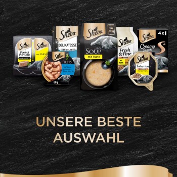 Image de produits alimentaires pour chats Sheba comme Perfect Portions et Creamy Snacks, avec le texte "UNSERE BESTE AUSWAHL."