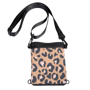 Haustierzubehörtasche im Leopardenmuster mit einem schwarzen Riemen, mit einem Reißverschluss oben und einem stilvollen Design.