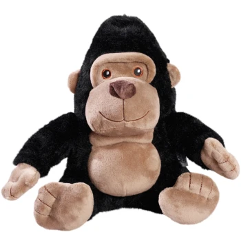 Een pluche gorilla speelgoed met een zwarte vacht en een beige gezicht, rechtop zittend met een vriendelijke uitstraling en zichtbare stiksels op zijn poten.