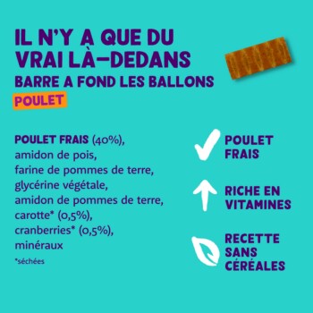Barre à fond les ballons au poulet, avec 40% de poulet frais, riche en vitamines, sans céréales, ingrédients listés sur fond turquoise.