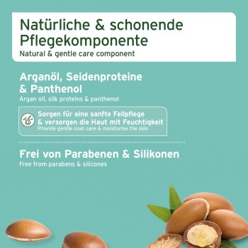 Natürliche und sanfte Pflegekomponente für Haustiere, die Arganöl, Seidenproteine und Panthenol enthält; biologisch abbaubar und frei von Parabenen und Silikonen.