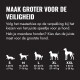 Nederlandse maattabel voor huisdierenspeelgoed: 'MAAK GROTER VOOR DE VEILIGHEID' met hondensilhouetten S–XXL en gewichtsklassen in lb/kg