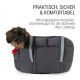 Hundetragetasche in Dunkelgrau mit Sicherheitsgeschirr, mit einer Tasche und dem Text: 'Praktisch, sicher & komfortabel.'