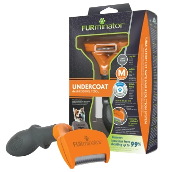 Oranges FURminator Undercoat deShedding-Werkzeug und Verpackung mit der Aufschrift 'UNDERCOAT deSHEDDING TOOL', Größe M