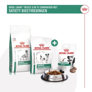Royal Canin veterinaire producten voor kleine honden, met verzadiging gewichtsbeheersingsvoer en traktaties, met een kom met brokjes.