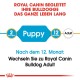 Royal Canin Hundefutterleitfaden für Bulldogs, der den Übergang von "Welpe" mit 2 Monaten zu "Erwachsen" mit 12 Monaten anzeigt.