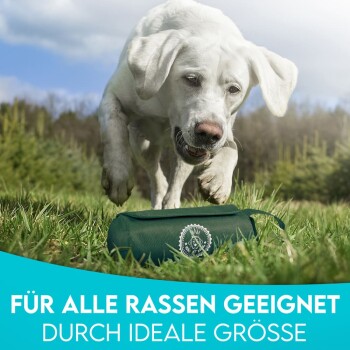 Ein Hund steht über einer grünen Haustierprodukt-Tasche auf Gras, mit Text auf Deutsch, der besagt: "Geeignet für alle Rassen aufgrund der idealen Größe."