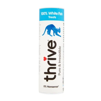 100% Katzensnacks Weißfisch, 15 g Ein zylindrischer Behälter mit Thrive 100% Weißfisch-Leckerlis für Katzen, mit einem blauen Deckel und einer Silhouette einer Katze.