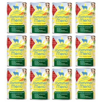Zwölf Dosen Hundefutter 'Sommer Menü', mit Schaf, Fenchel und Kartoffeln, mit Text, der glutenfreie und allergenfreundliche Vorteile hervorhebt.