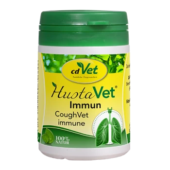 Behälter mit cdVet HuotaVet Immun CoughVet Immunsupplement für Haustiere, mit grüner und gelber Verpackung und einem Blätterdesign.